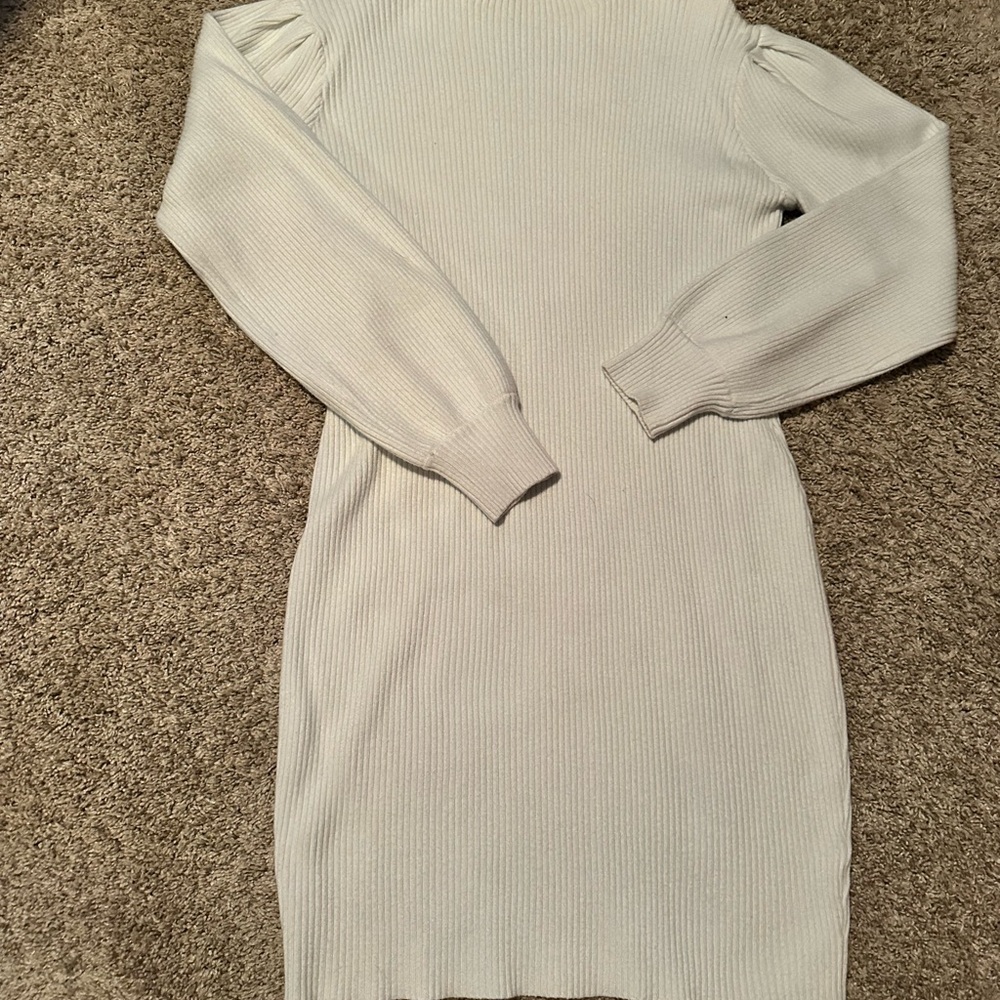 Elegant Long Sleeve Ribbed Dress - Cream